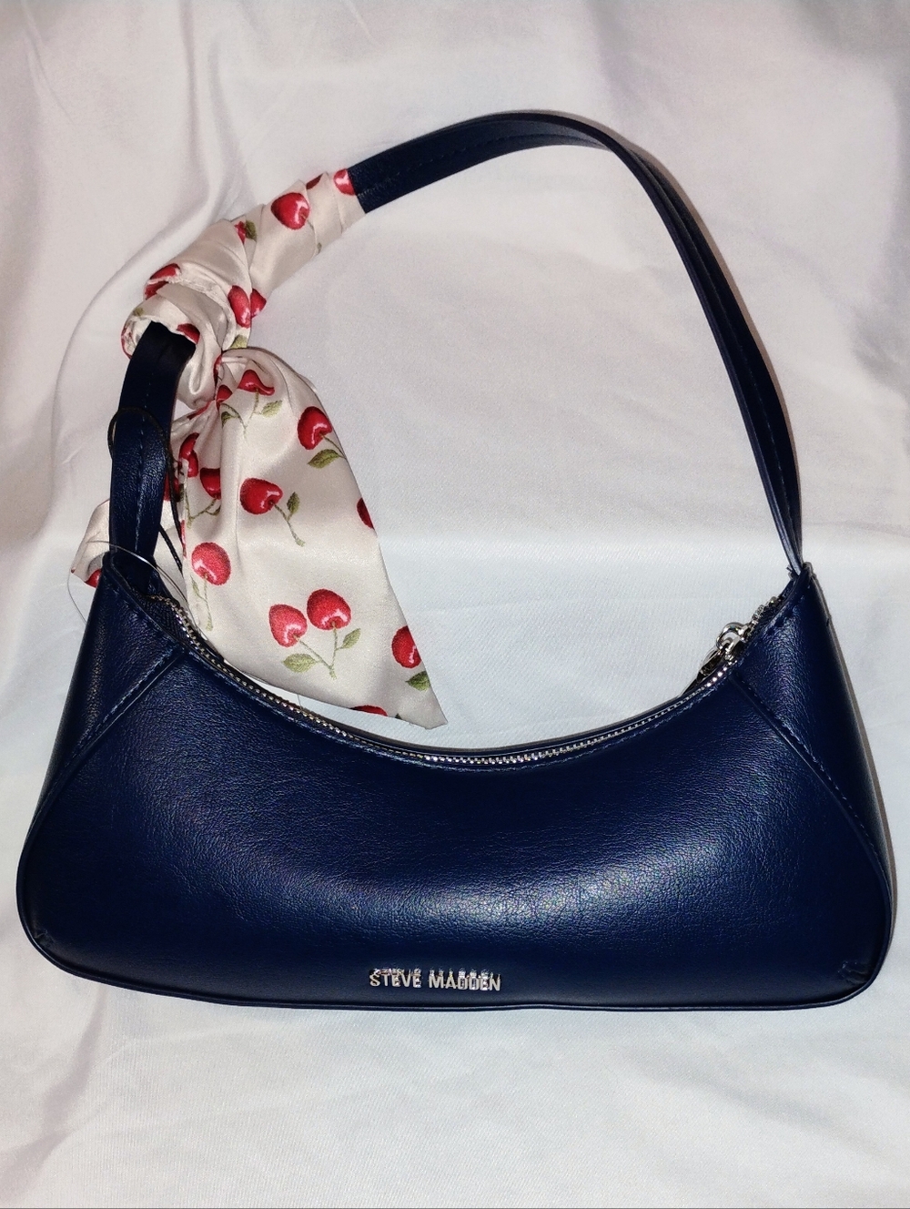 Steve Madden Navy Shoulder Bag with Cherry-Print Scarf Accent